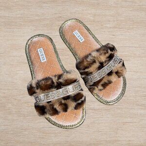 Guess Cheetah Print Bedazzled Slippers Slides Fluffy Fuzzy Glam Women’s Size 6M